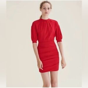 Maje Dress 1 Red Roxia Crepe Ruched Mini Pleated Short Sleeve Women’s
